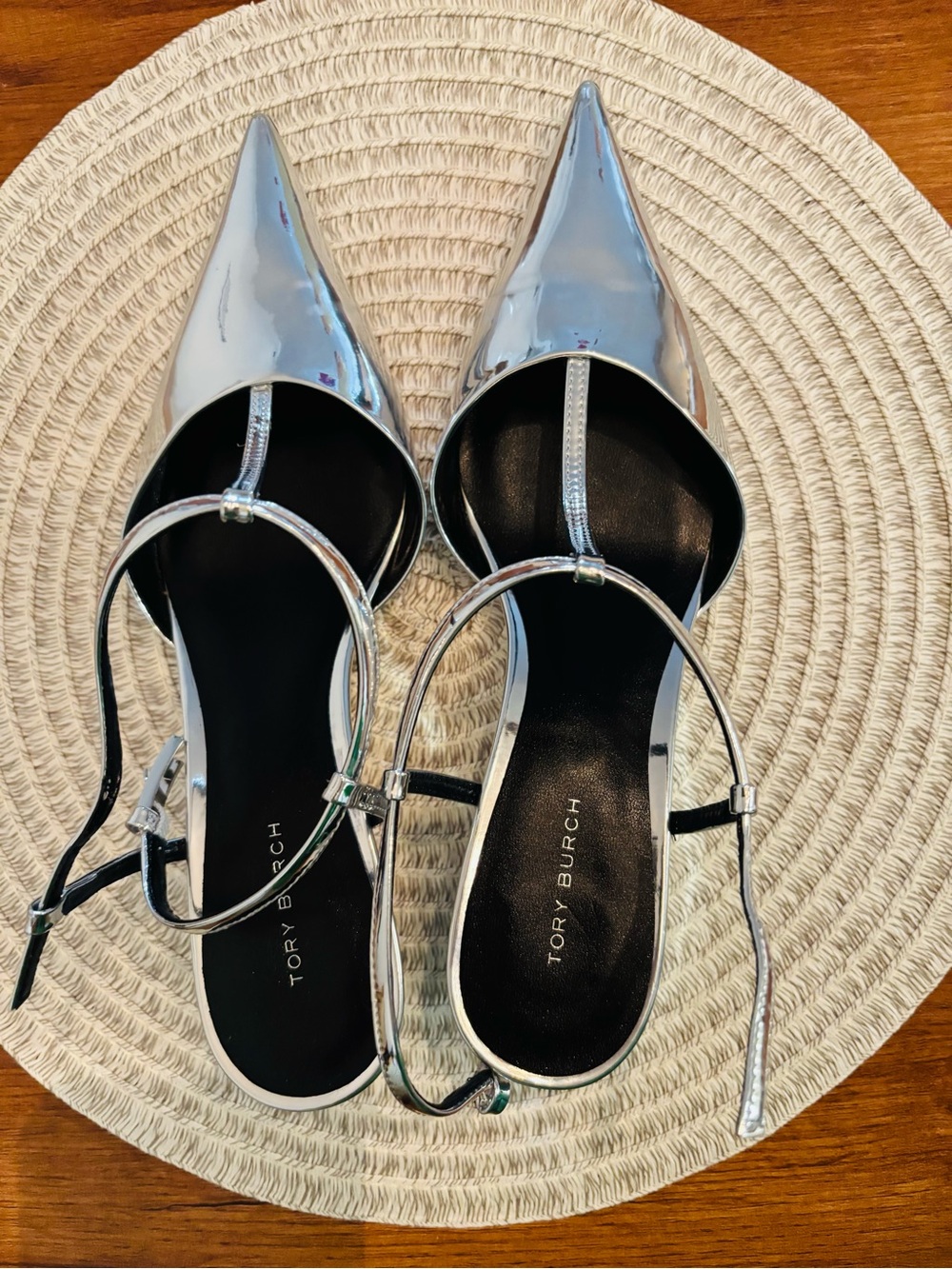 Tory Burch Silver Pointed-Toe Slingback Flats with T-Strap